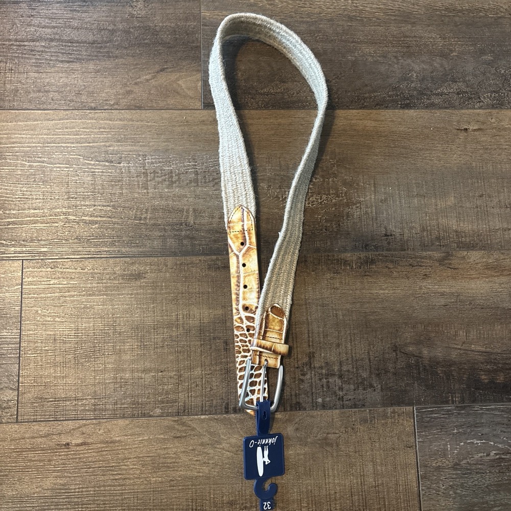 NWT Johnnie-O Crocco Tip Leather Stretch Woven Canvas Belt Sz 32 Tan USA